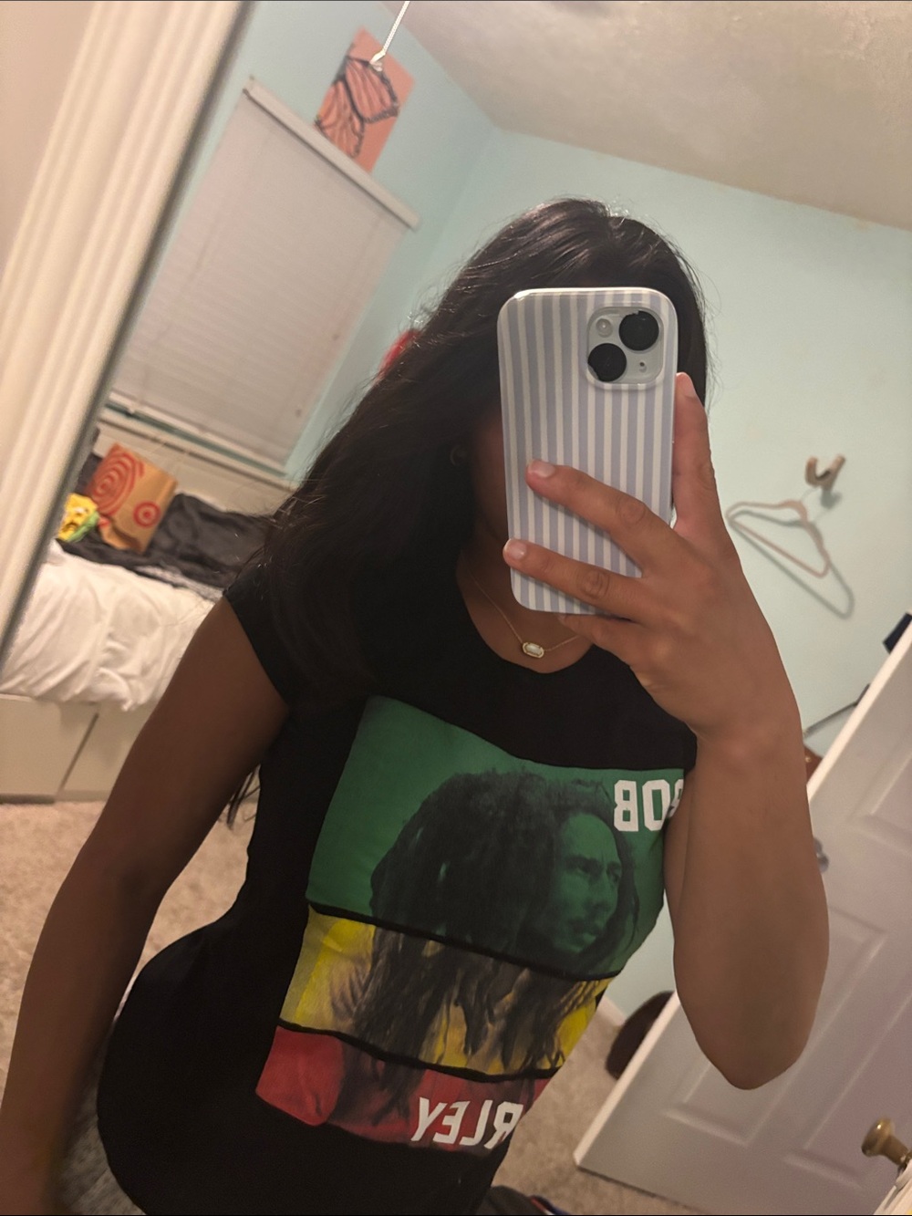 Zion Rootswear Black Bob Marley Graphic Tee with Green, Yellow & Red Panels